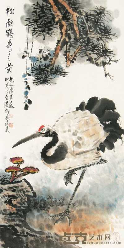 唐云 戊辰（1988年）作 松龄鹤寿 立轴 68×132cm